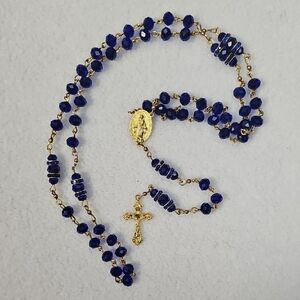 Gold-Tone Rosary Necklace with Deep Blue Beads